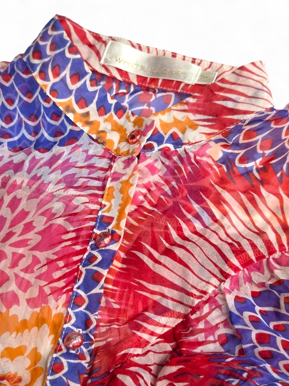 White Closet Silk Cotton Blend Ruffle Peplum Blouse Vibrant Floral Print Medium - Picture 8 of 10